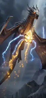 Majestic dragon flying through stormy lightning-filled sky.