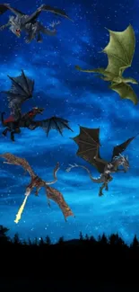 Dragons flying under a blue starry sky at night.