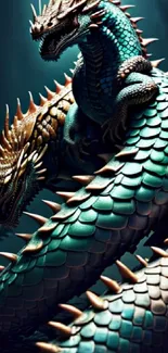 Epic dual dragon wallpaper with intricate teal scales and fantasy design.