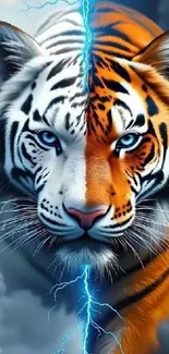 Vivid art of a white and orange tiger divided by a lightning bolt.