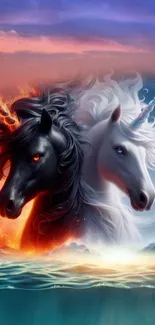 Epic fantasy wallpaper with dual unicorns in contrasting elements.