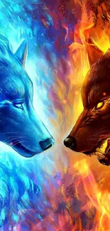 Mobile wallpaper of two mythical wolves, one blue and one fiery orange.