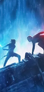 Epic lightsaber duel in space with vivid blue and red hues.