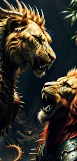 Armored mythical lions in an epic standoff.