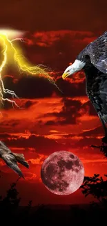 Eagle soars by a red moon with lightning in a dramatic sunset sky.