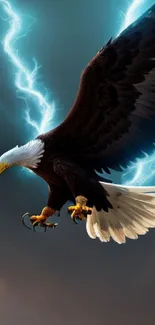 Epic wallpaper with eagle and warrior beneath dramatic lightning in fantasy landscape.