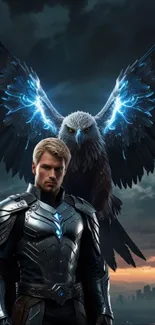Armored hero with eagle and glowing wings.