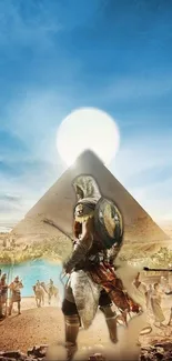 Epic Egyptian desert scene with a warrior and pyramid under a bright sun.