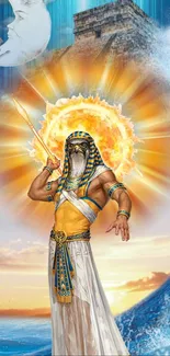 Egyptian god with golden aura and ancient backdrop