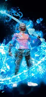 Epic electric warrior with blue energy on a mobile wallpaper.