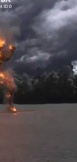 Epic elemental battle between fiery and icy figures with a dark sky.