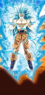 Anime character with blue aura in desert landscape.