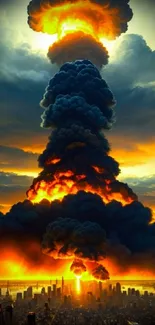 Dramatic explosion over cityscape with fiery orange sky and clouds.