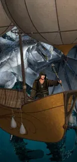 Mage on airship with dragon in fantasy scene.