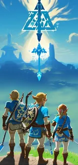 Fantasy wallpaper with three heroes against a blue sky.