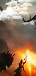 Warrior battling mystical creatures in fiery fantasy landscape.