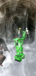 Fantasy adventure wallpaper with mythical creatures and warrior in a cave.