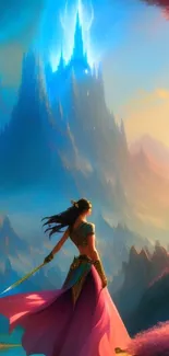 Fantasy warrior gazing at a glowing castle in mystical mountains.