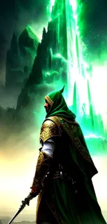 Fantasy wallpaper with cloaked hero, glowing green mountains.