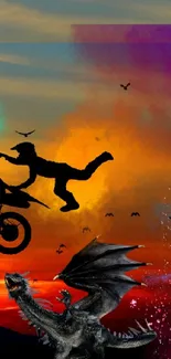 Fantasy adventure wallpaper with bike, dragon, and UFO over colorful sunset.