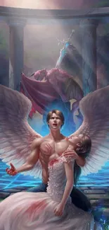 Epic fantasy artwork featuring a dramatic angel with luminous blue wings.