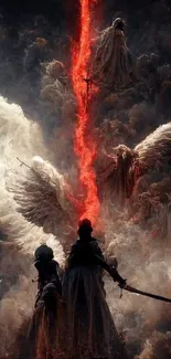 Epic fantasy scene with angels in battle and fiery highlights.