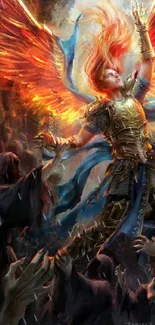 Epic angel warrior with fiery wings in a dramatic, fantasy scene.