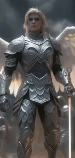 Angelic warrior in armor with wings in fantasy setting.