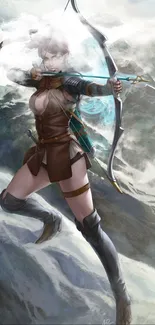 Female archer poised in a dynamic fantasy landscape with bow drawn.