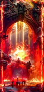 Epic fantasy archway with fiery sky and dramatic lighting.