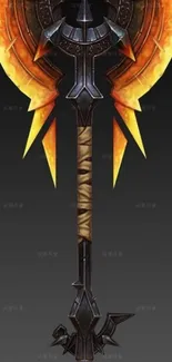 Epic fantasy axe with orange flames on a dark background.