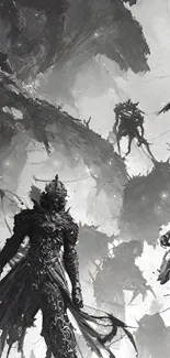 Intricate monochrome fantasy battle scene wallpaper for mobile.