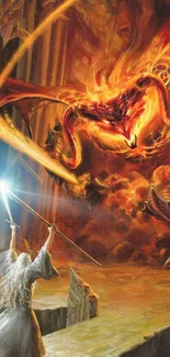 Wizard battles dragon in fiery cavern setting.