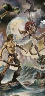 Fantasy battle scene with warrior and creature against a mystical backdrop.