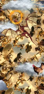 Epic fantasy battle with dragons and warriors against a golden cloudy sky.