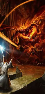 Epic fantasy battle wallpaper with a wizard facing a fiery shadow monster.