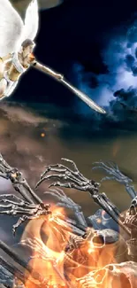 Epic fantasy wallpaper with angel battling skeletons and lightning.