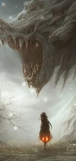 Epic fantasy wallpaper with a giant beast and lone figure.