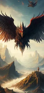 Epic fantasy bird soaring over mystical landscape in mobile wallpaper.