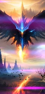 Fantasy wallpaper of fiery bird over mystical landscape.