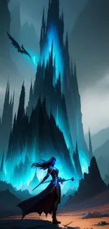 Fantasy landscape with glowing cyan castle and dragon.