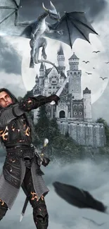 Fantasy wallpaper with a knight, dragon, and castle under a moonlit sky.