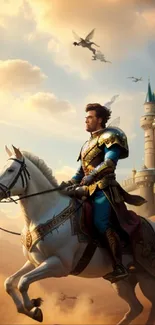 Knight on horseback near a castle with a sky backdrop.