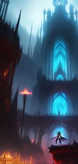 Epic fantasy castle with glowing blue architecture.