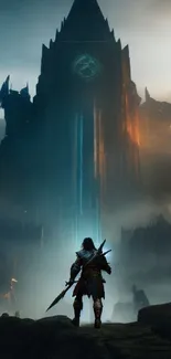 Epic fantasy castle scene with warrior silhouette.