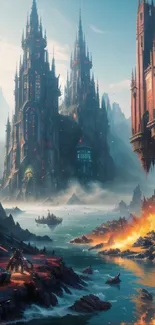 Epic fantasy castle with fiery river and mountains in mobile wallpaper.