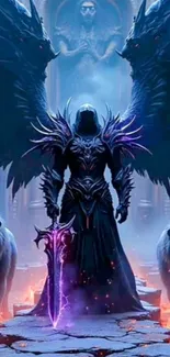 Dark angel with fiery sword in fantasy scene