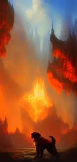 A dog stands heroically in a fiery mystical cave scene on a mobile wallpaper.