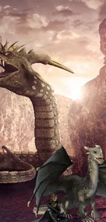 Epic fantasy scene with dragons and warrior in canyon.