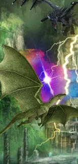 Epic dragon battle in a mystical green landscape with lightning.